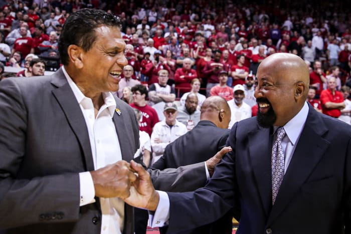 NBA teammates, close friends and coaches, Bethune Cookman coach Reggie Theus (left) and Indiana coach Mike Woodson (Right) shake hands at Simon Skjodt Assembly Hall on Thursday.